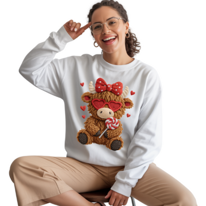 Woman wearing a white sweatshirt with a cute crochet style design of a highland cow holding a red and white swirly pop and is wearing a cute red and white polkadot bow on her head.