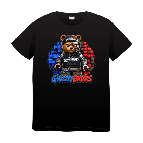 A black short-sleeve crewneck t-shirt featuring a graphic of a bear character wearing a black hoodie and cap, set against a blue and red block pattern, with the text 'Grizzly Brixks' below.