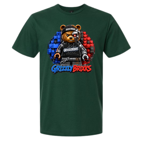 A dark green short-sleeve t-shirt featuring a graphic of a grizzly bear dressed as a toy brick minifigure, with the text 'Grizzly Brixks' below in blue and red stylized lettering.