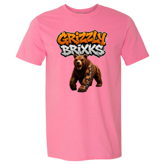 A pink short-sleeve crewneck t-shirt featuring a graphic print of a brown bear under the text 'Grizzly Brixks' in a graffiti-style font, displayed on a solid white background.