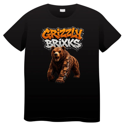 A black short-sleeve crewneck t-shirt featuring a graphic print of a brown grizzly bear and the text 'Grizzly Brixxs' in a graffiti-style font, shown against a plain white background.