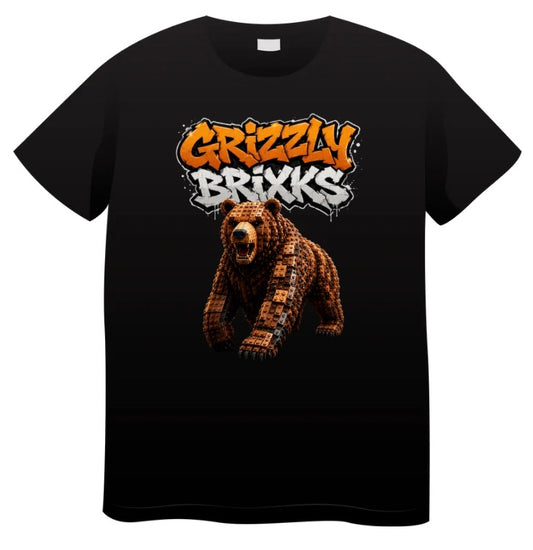 A black short-sleeve crewneck t-shirt featuring a graphic print of a brown grizzly bear and the text 'Grizzly Brixxs' in a graffiti-style font, shown against a plain white background.