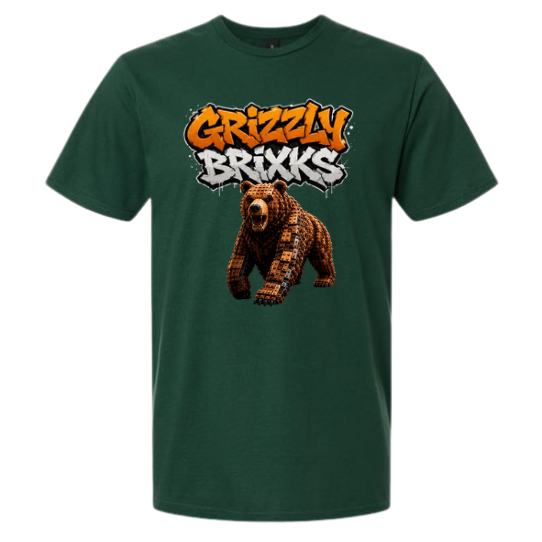 A dark green short-sleeve t-shirt with a graphic on the chest featuring the text 'Grizzly Brixks' in orange and white graffiti-style lettering above a pixelated brown grizzly bear, shown on a plain white background.