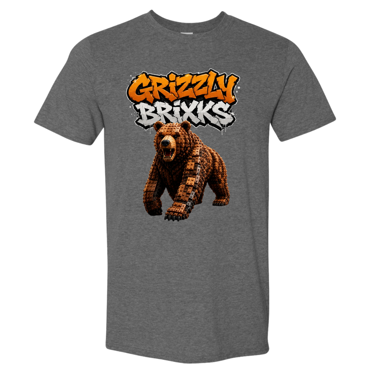 A heather gray short-sleeve crewneck t-shirt featuring a graphic print of a pixelated brown bear under the text 'Grizzly Brixxs' in orange and white graffiti-style lettering.