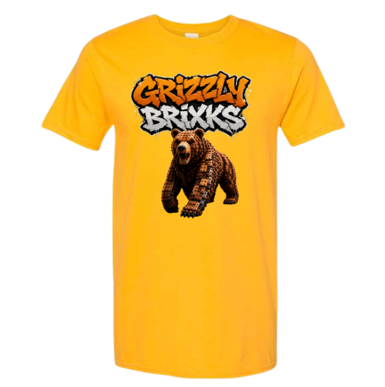 A bright yellow short-sleeve t-shirt with a graphic on the chest featuring the text 'Grizzly Brixks' in a graffiti-style orange, black, and white font above a pixelated brown bear.