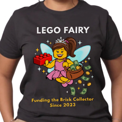 Black t-shirt with LEGO fairy graphic and text on a person wearing it.