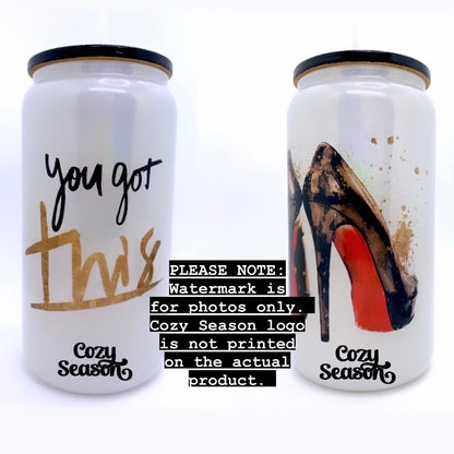 Iridescent "Motivational Stilettos" Glass Travel Cup