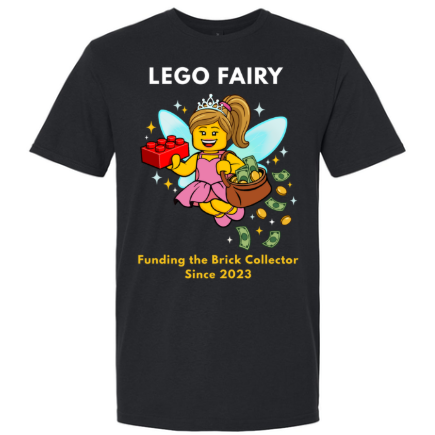 Black t-shirt with a LEGO fairy graphic and text on top that reads: "LEGO FAIRY" on top and "FUNDING THE BRICK COLLECTOR SINCE 2023" at the bottom. the shirt is against 
a white background