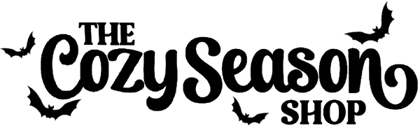 Black text 'The Cozy Season Shop' with bat illustrations on a white background