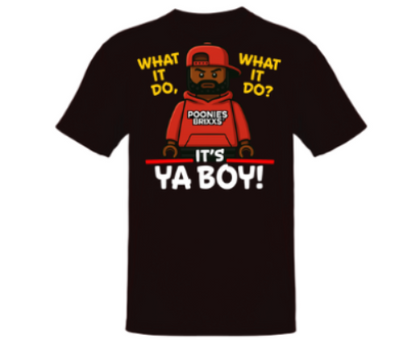 Black t-shirt with a graphic of a character in a red hoodie and text on a white background