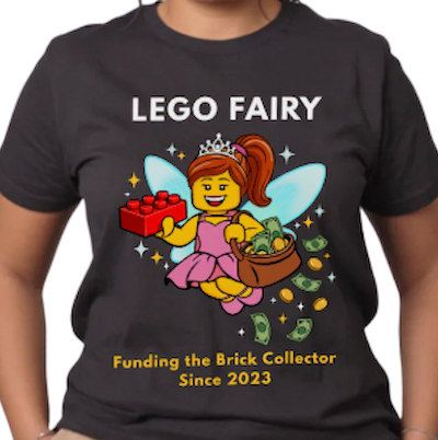Black t-shirt with LEGO fairy graphic and text on a white background