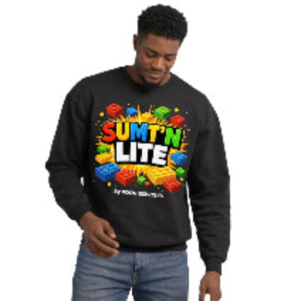 Person wearing a black sweatshirt with colorful text and graphics on a white background