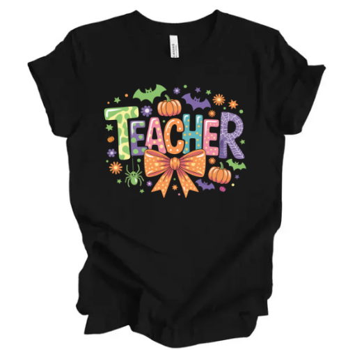 Black t-shirt with 'Teacher' text and Halloween-themed graphics on a white background