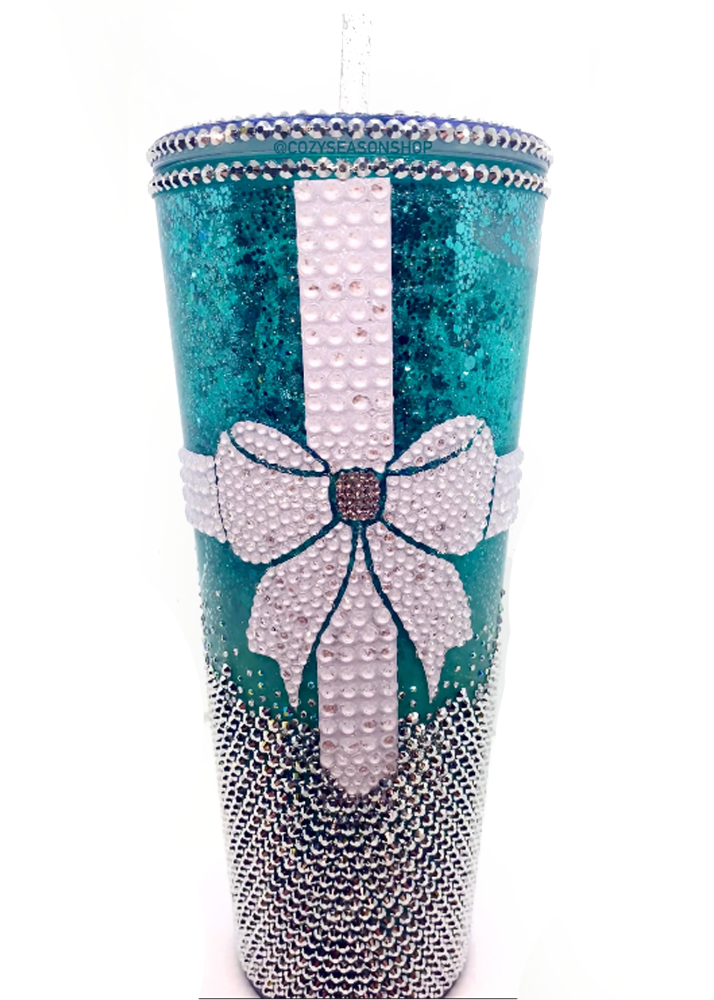 Elegant Teal with White Bow Snowglobe Tumbler